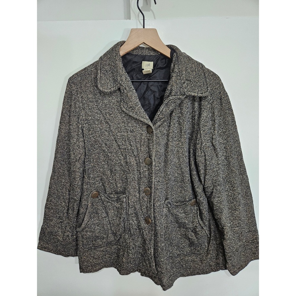 J. Jill Silk Blend Tweed Jacket Gray Tan Button Front Blazer Petite Large LP